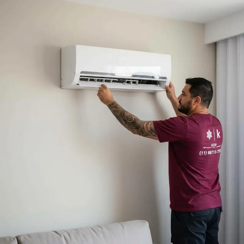 Técnico realizando instalação de ar-condicionado split; telefone de contato da KOP visível na camiseta